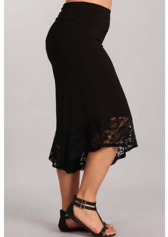 USA Made Plus Size Black Capri Gaucho Wide Leg Pants with Lace Hem, Soft Stretchy Material | Classy Cozy Cool Women&