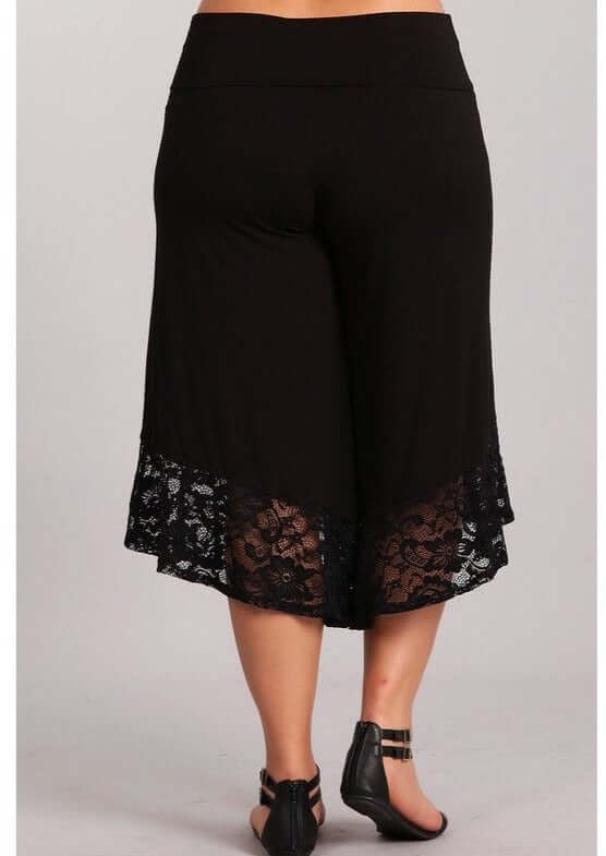 USA Made Plus Size Black Capri Gaucho Wide Leg Pants with Lace Hem, Soft Stretchy Material | Classy Cozy Cool Women&