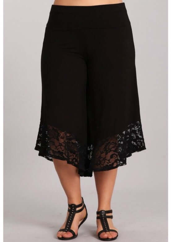 USA Made Plus Size Black Capri Gaucho Wide Leg Pants with Lace Hem, Soft Stretchy Material | Classy Cozy Cool Women&