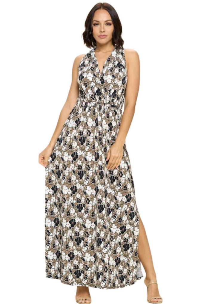 USA Made Ladies Floral Printed Halter Maxi Dress in Taupe with Black, White &amp; Pink Floral Design | Classy Cozy Cool Women&