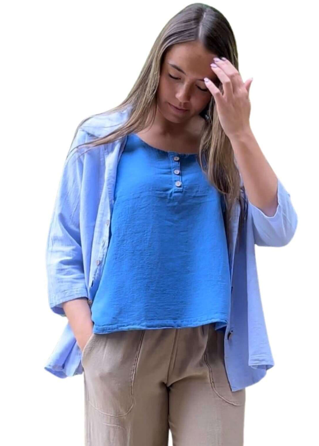 USA Made 100% Cotton Button Detail Sleeveless Top in Blue Made by Sea Breeze of California | Classy Cozy Cool Made in America Women&