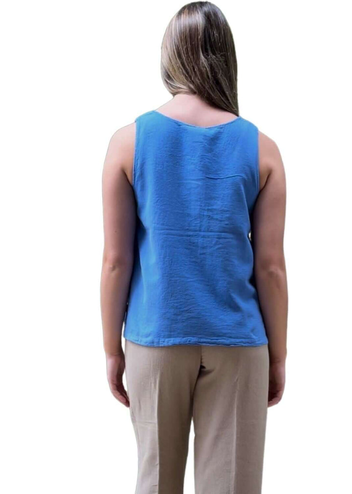 USA Made 100% Cotton Button Detail Sleeveless Top in Blue Made by Sea Breeze of California | Classy Cozy Cool Made in America Women&