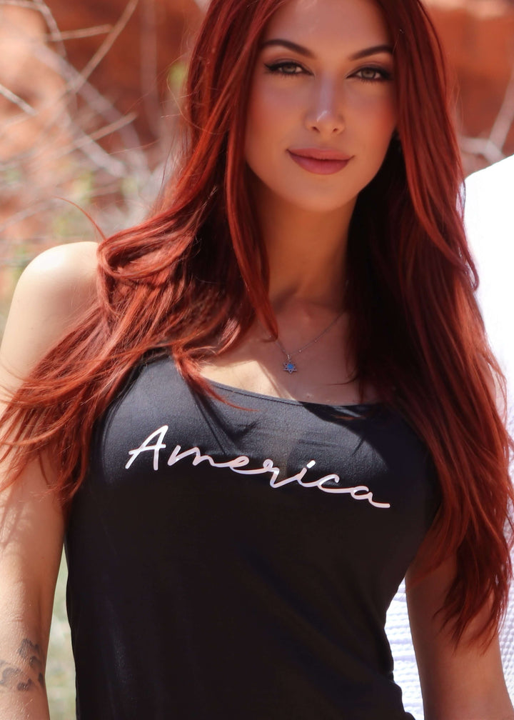 Made in USA WSI Sportswear America Graphic Fitted Tank Top in Black, Buttery Soft SoftTECH™ fabric, Racerback, 4-way stretch, comfort &amp; flexibility