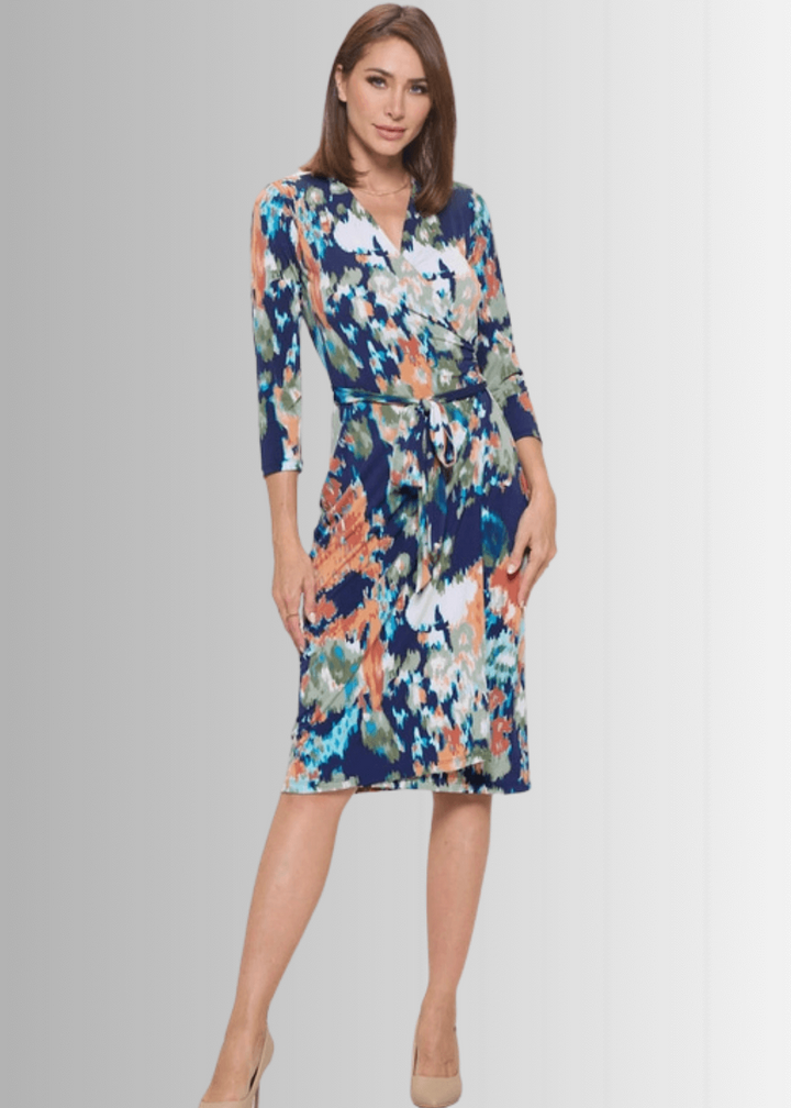 Beautiful Ladies Sienna Print Jersey Midi Wrap Dress with 3/4 Sleeves in Navy, Coral, Green, White &amp; Turquoise | Renee C. Style 4329DR4 | Proudly Made in USA | Classy Cozy Cool Clothing Boutique