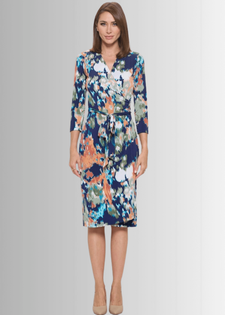 Beautiful Ladies Sienna Print Jersey Midi Wrap Dress with 3/4 Sleeves in Navy, Coral, Green, White &amp; Turquoise | Renee C. Style 4329DR4 | Proudly Made in USA | Classy Cozy Cool Clothing Boutique
