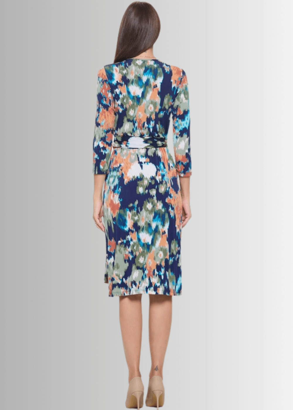Beautiful Ladies Sienna Print Jersey Midi Wrap Dress with 3/4 Sleeves in Navy, Coral, Green, White & Turquoise | Renee C. Style 4329DR4 | Proudly Made in USA | Classy Cozy Cool Clothing Boutique