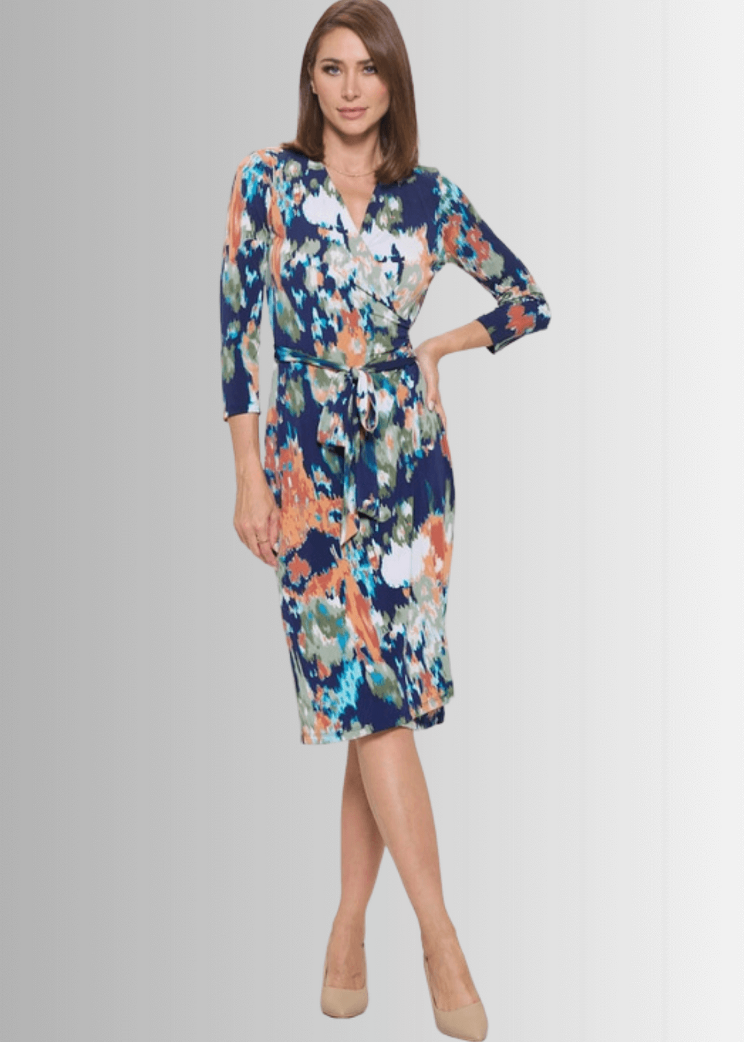 Beautiful Ladies Sienna Print Jersey Midi Wrap Dress with 3/4 Sleeves in Navy, Coral, Green, White &amp; Turquoise | Renee C. Style 4329DR4 | Proudly Made in USA | Classy Cozy Cool Clothing Boutique