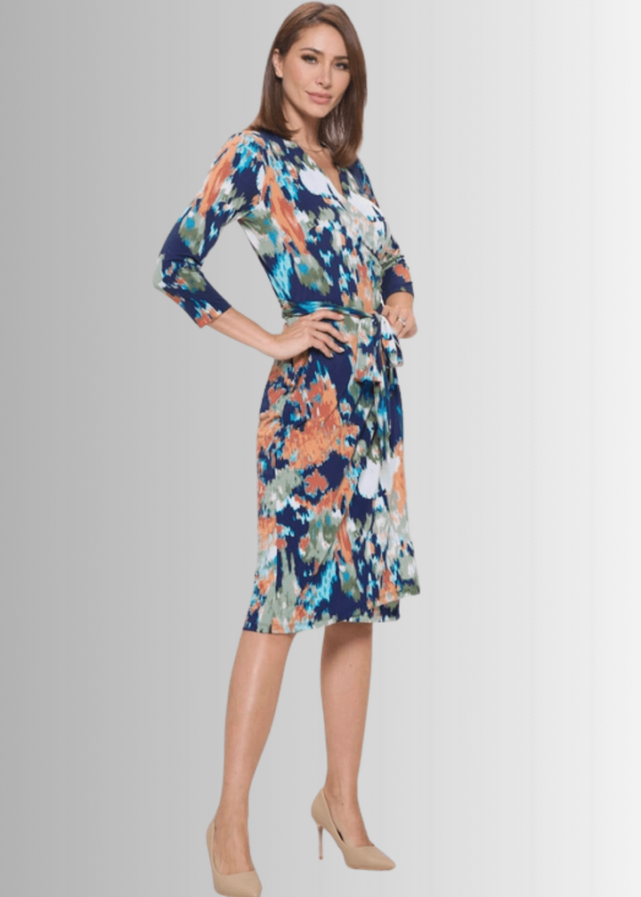 Beautiful Ladies Sienna Print Jersey Midi Wrap Dress with 3/4 Sleeves in Navy, Coral, Green, White &amp; Turquoise | Renee C. Style 4329DR4 | Proudly Made in USA | Classy Cozy Cool Clothing Boutique