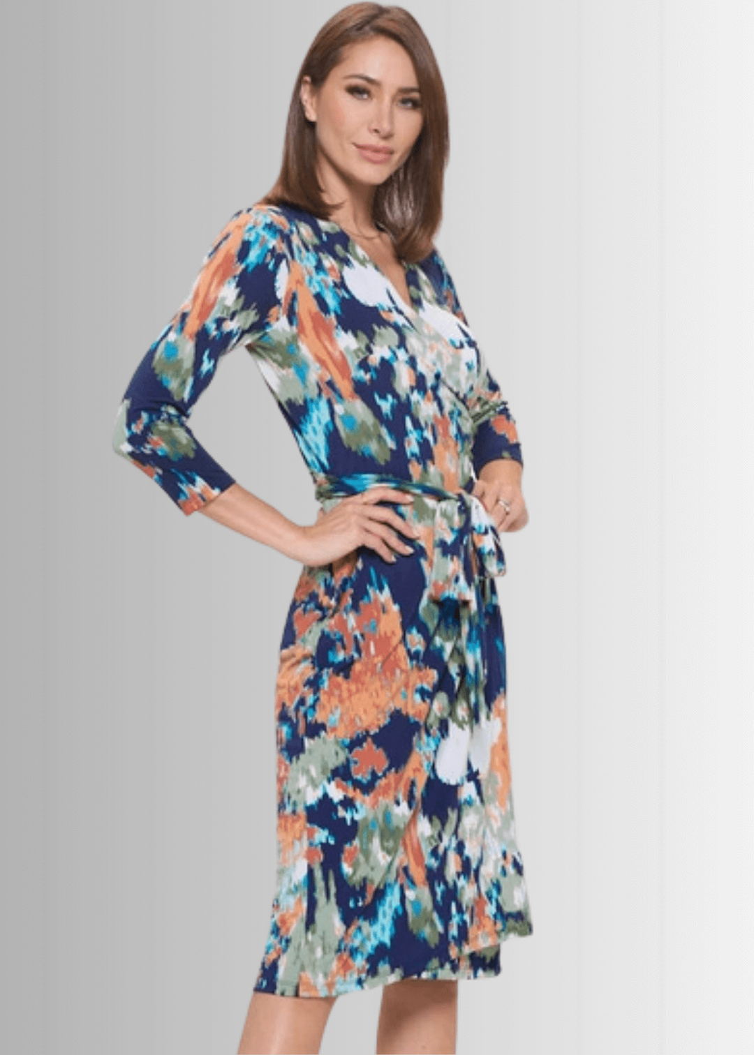 Beautiful Ladies Sienna Print Jersey Midi Wrap Dress with 3/4 Sleeves in Navy, Coral, Green, White & Turquoise | Renee C. Style 4329DR4 | Proudly Made in USA | Classy Cozy Cool Clothing Boutique