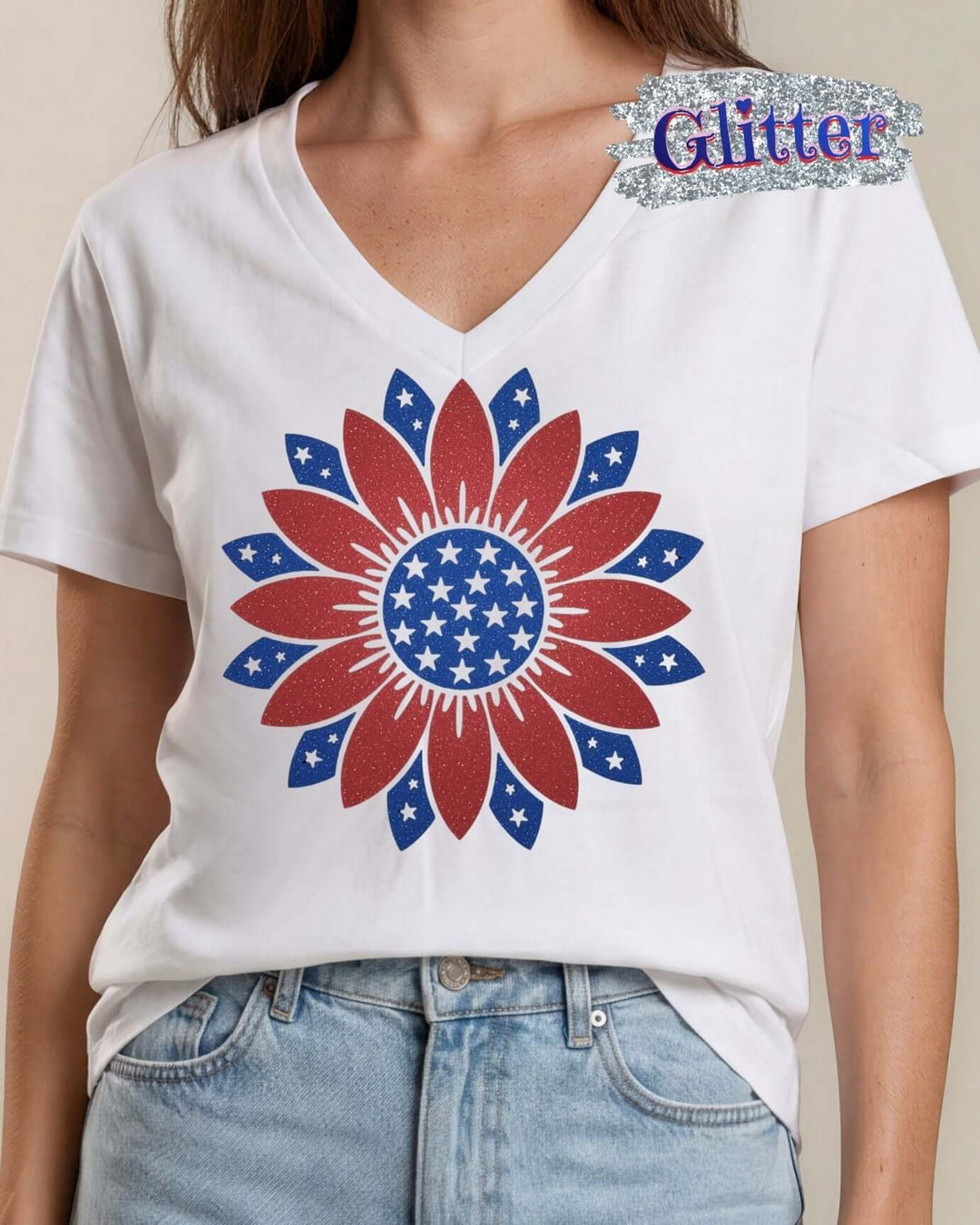 Glitter patriotic sunflower graphic V-neck tee. Sparkling red & blue star petals design. 100% cotton, USA-milled fabric. Perfect for 4th of July.