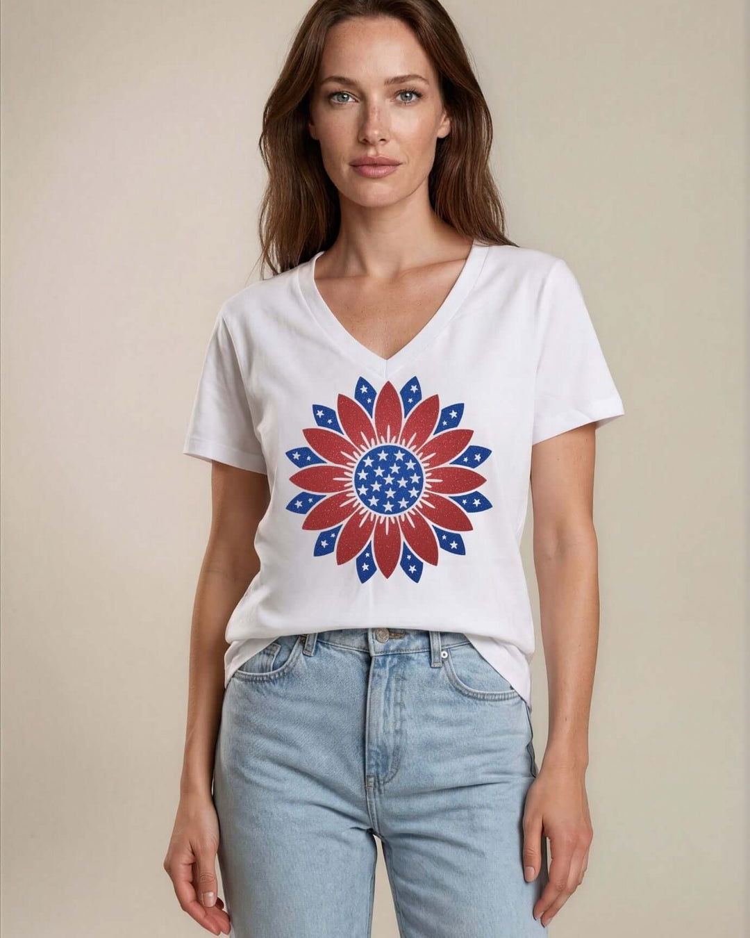 Glitter patriotic sunflower graphic V-neck tee. Sparkling red &amp; blue star petals design. 100% cotton, USA-milled fabric. Perfect for 4th of July.