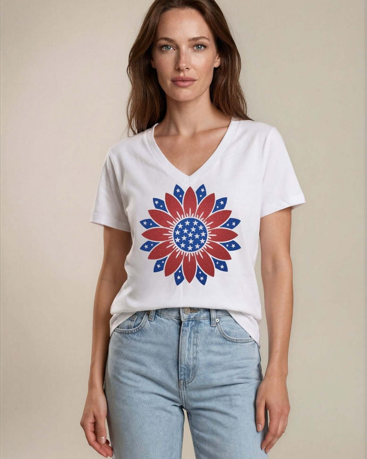 Glitter patriotic sunflower graphic V-neck tee. Sparkling red &amp; blue star petals design. 100% cotton, USA-milled fabric. Perfect for 4th of July.