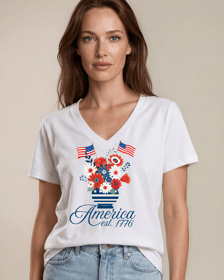 Patriotic floral bouquet graphic V-neck tee with America est. 1776 script. 100% cotton, USA-milled fabric, made in USA. Perfect for 4th of July.