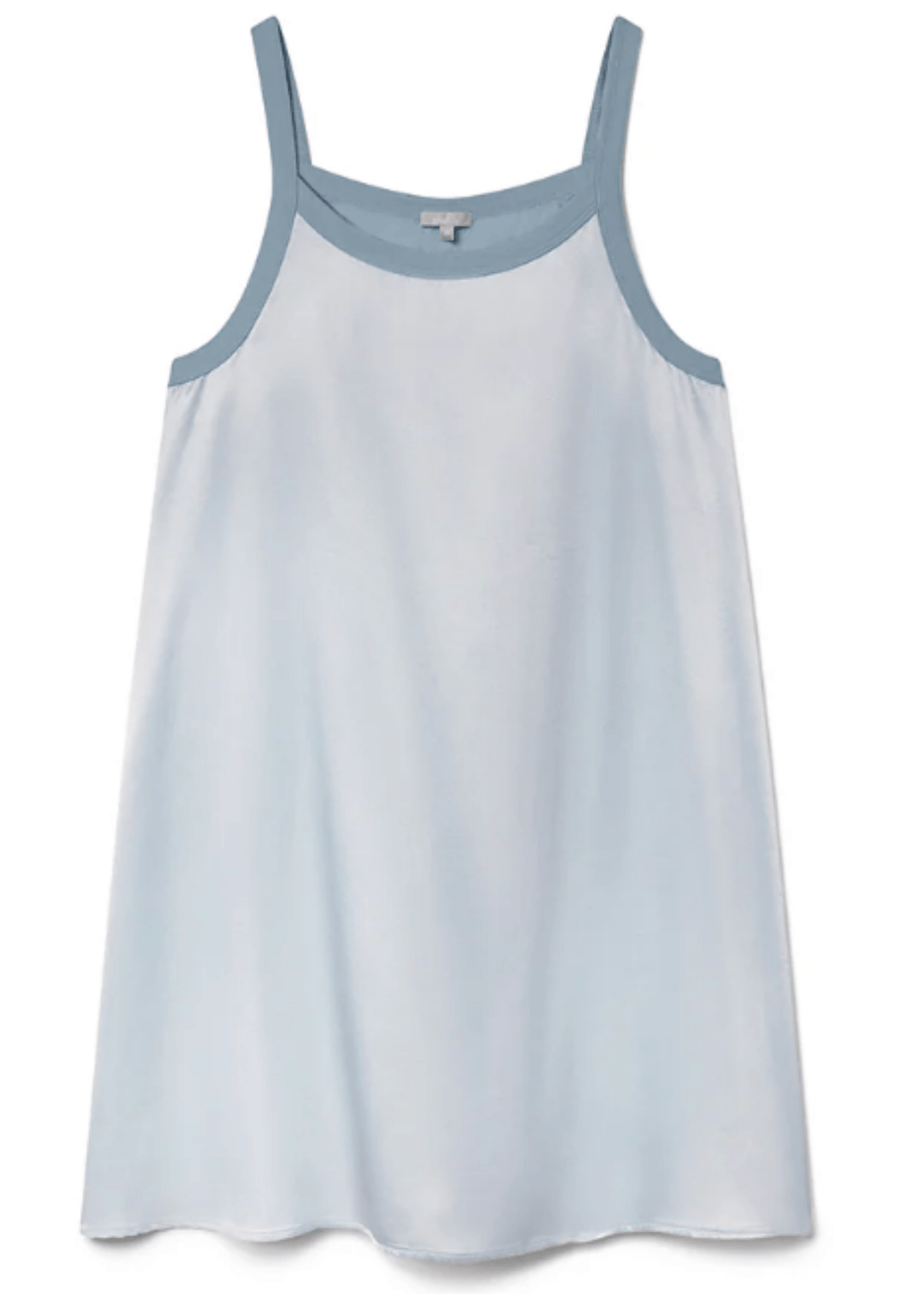 The Ariana Sleep Dress in Morning Blue — a 75% rayon, 25% silk satin slip with ribbed trim. Effortlessly elegant loungewear, proudly made in the USA.