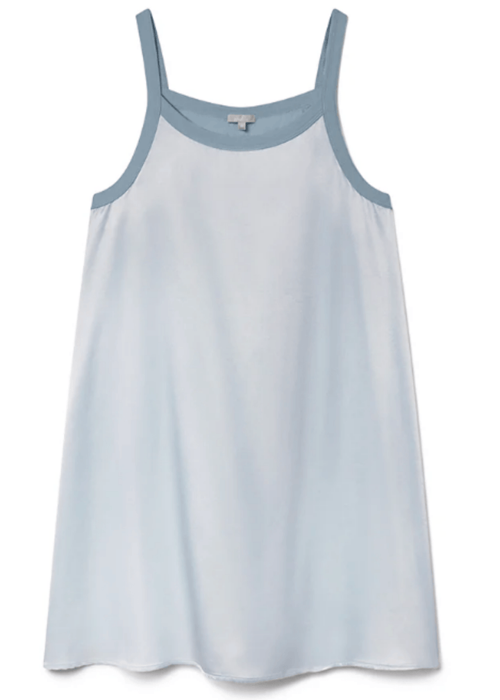 The Ariana Sleep Dress in Morning Blue — a 75% rayon, 25% silk satin slip with ribbed trim. Effortlessly elegant loungewear, proudly made in the USA.