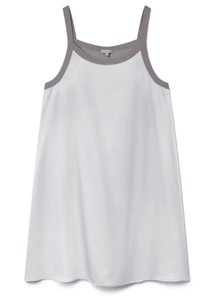The Ariana Sleep Dress in Morning Blue — a 75% rayon, 25% silk satin slip with ribbed trim. Effortlessly elegant loungewear, proudly made in the USA.