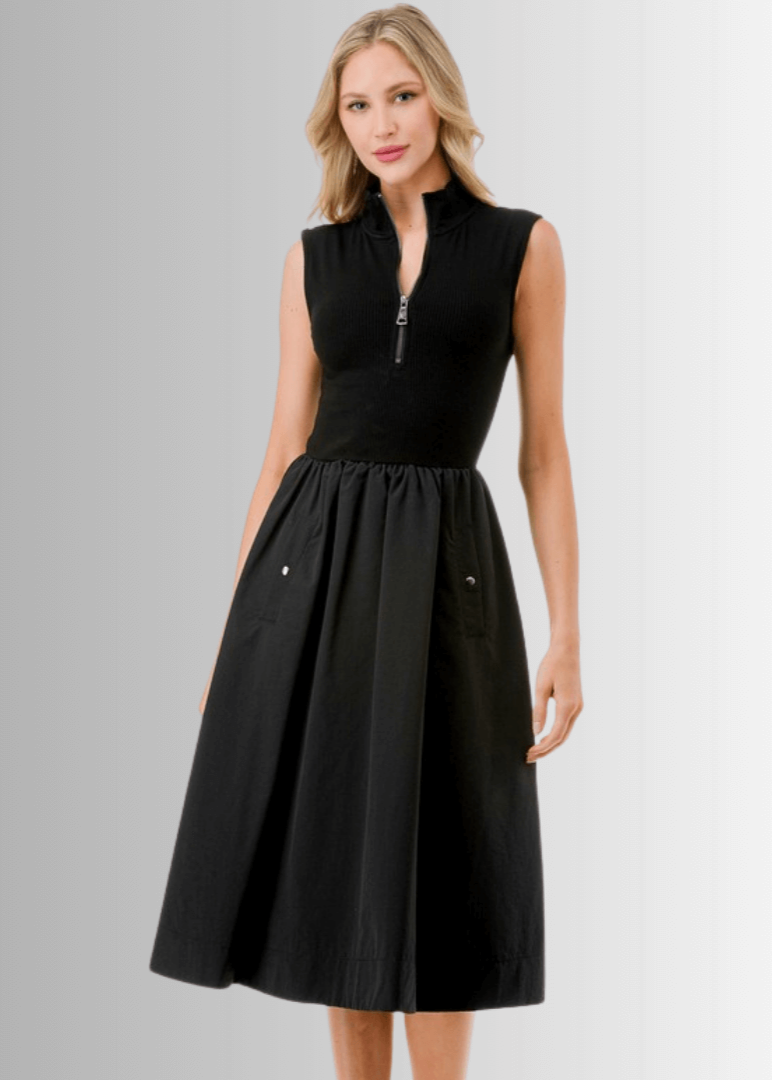 Made in USA Women's Classic Silhouette Sleeveless Fit & Flare Black Midi Dress with High Neck, Zip up Neckline and Pockets | Classy Cozy Cool Made in America Boutique
