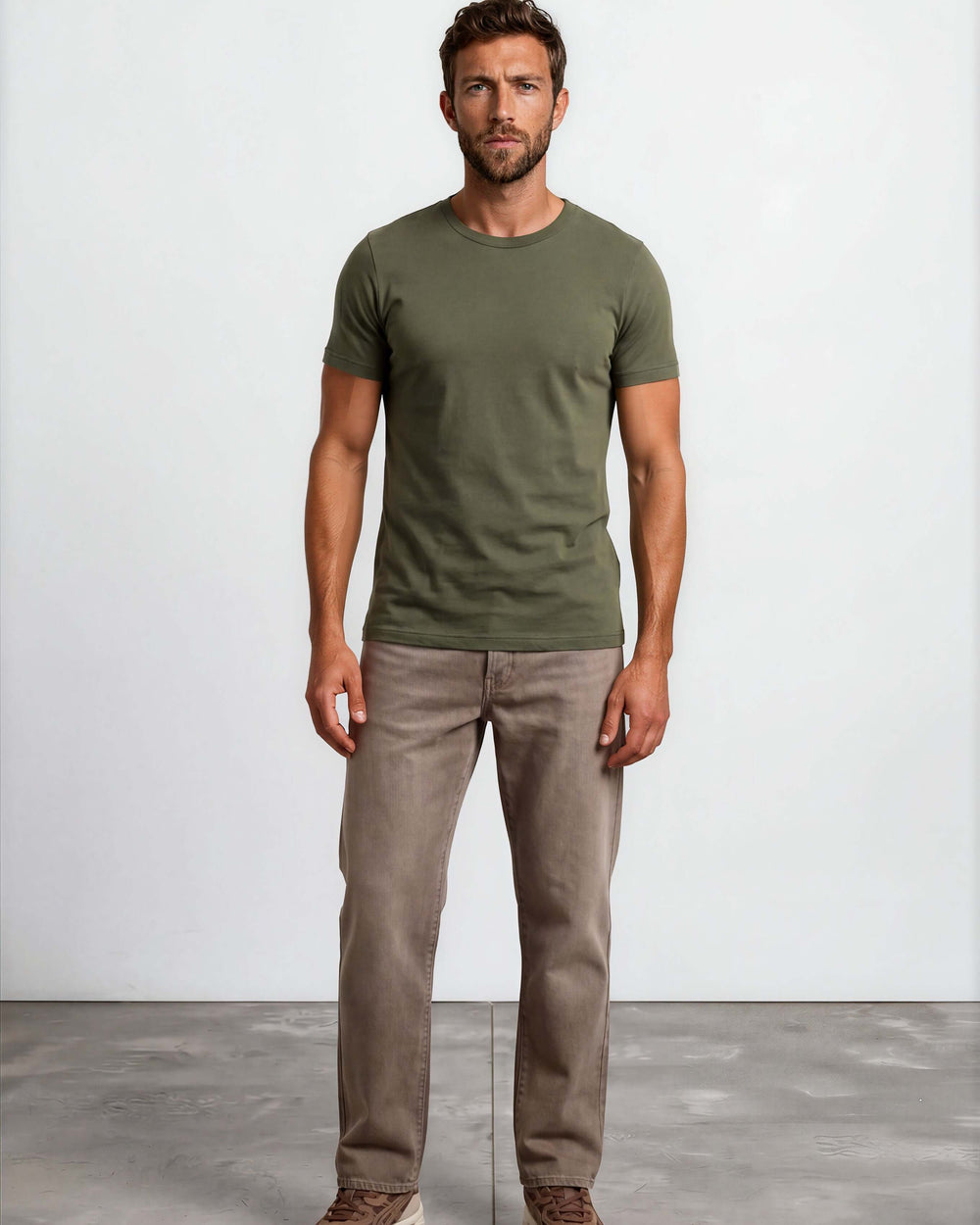 Men's classic army green crew neck tee made in USA with 100% USA-grown pre-shrunk cotton. Semi-fitted, super soft, 4.2 oz. Sizes S–3XL.