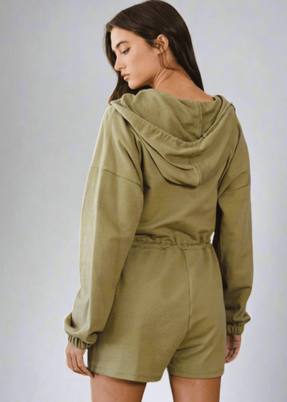 Made in USA Bucket List Clothing Style R5406 Women's Cotton Long Sleeve Drawstring Hoodie Half Zip Romper in Light Army Green | Classy Cozy Cool Made in America Boutique