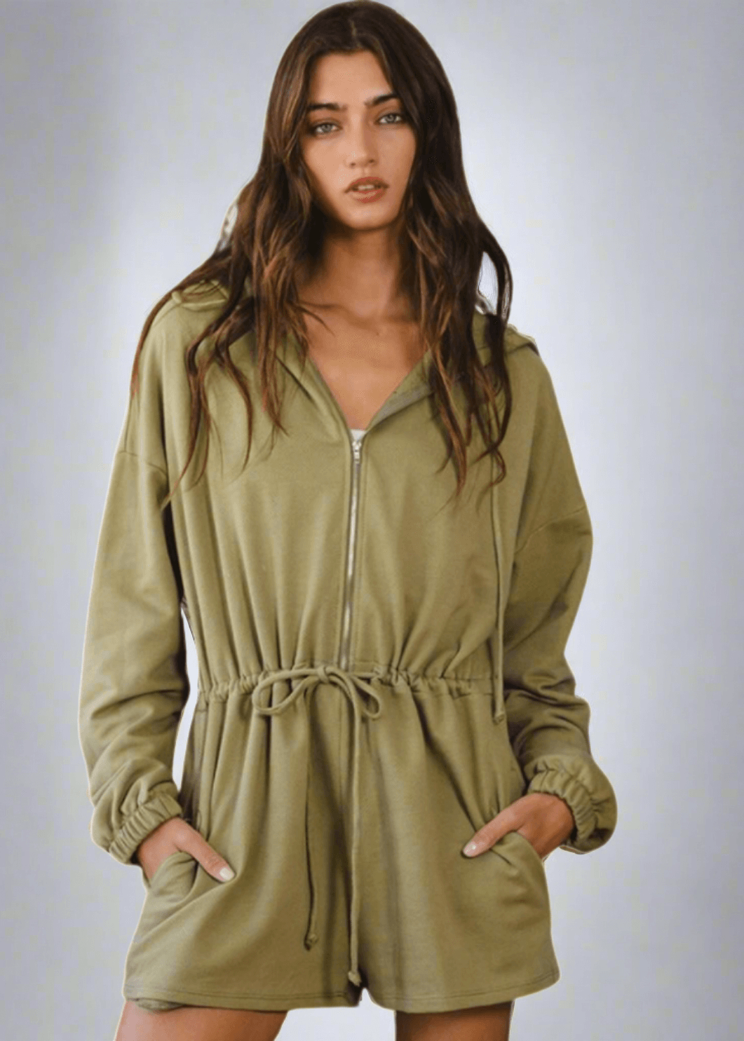 Made in USA Bucket List Clothing Style R5406 Women's Cotton Long Sleeve Drawstring Hoodie Half Zip Romper in Light Army Green | Classy Cozy Cool Made in America Boutique
