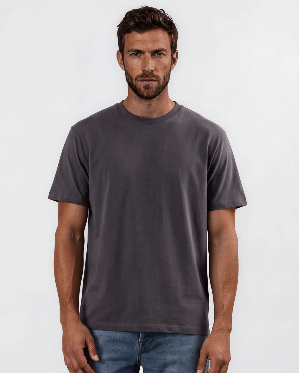 Men's classic charcoal grey crew neck tee made in USA with 100% USA-grown pre-shrunk cotton. Semi-fitted, super soft, 4.2 oz. Sizes S–3XL.