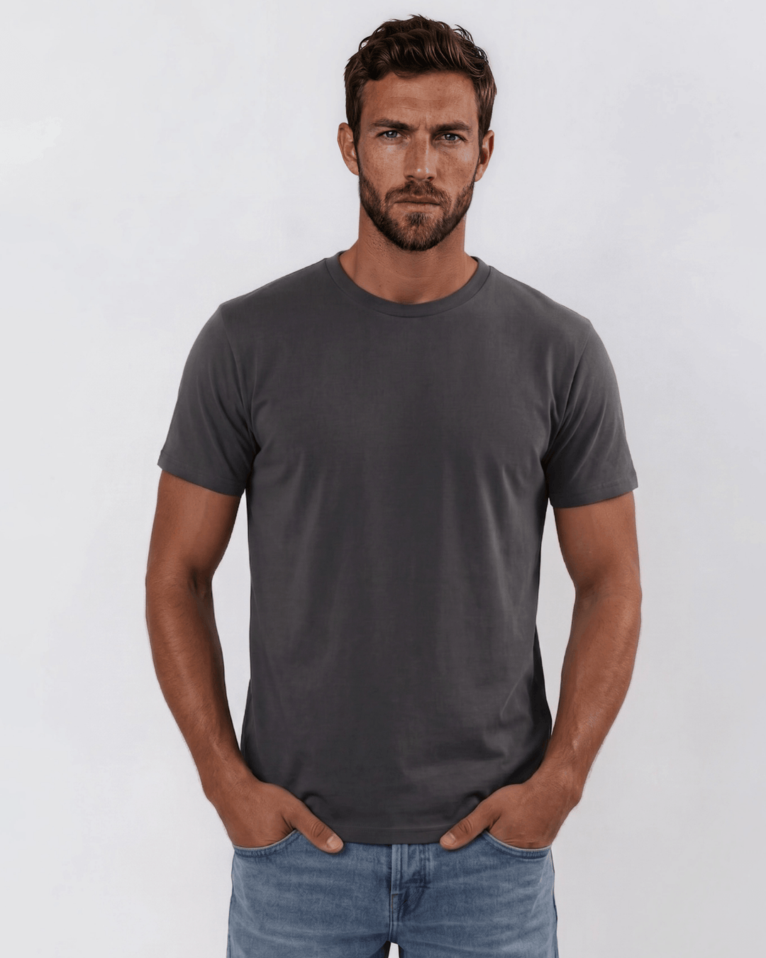 Men's classic charcoal grey crew neck tee made in USA with 100% USA-grown pre-shrunk cotton. Semi-fitted, super soft, 4.2 oz. Sizes S–3XL.