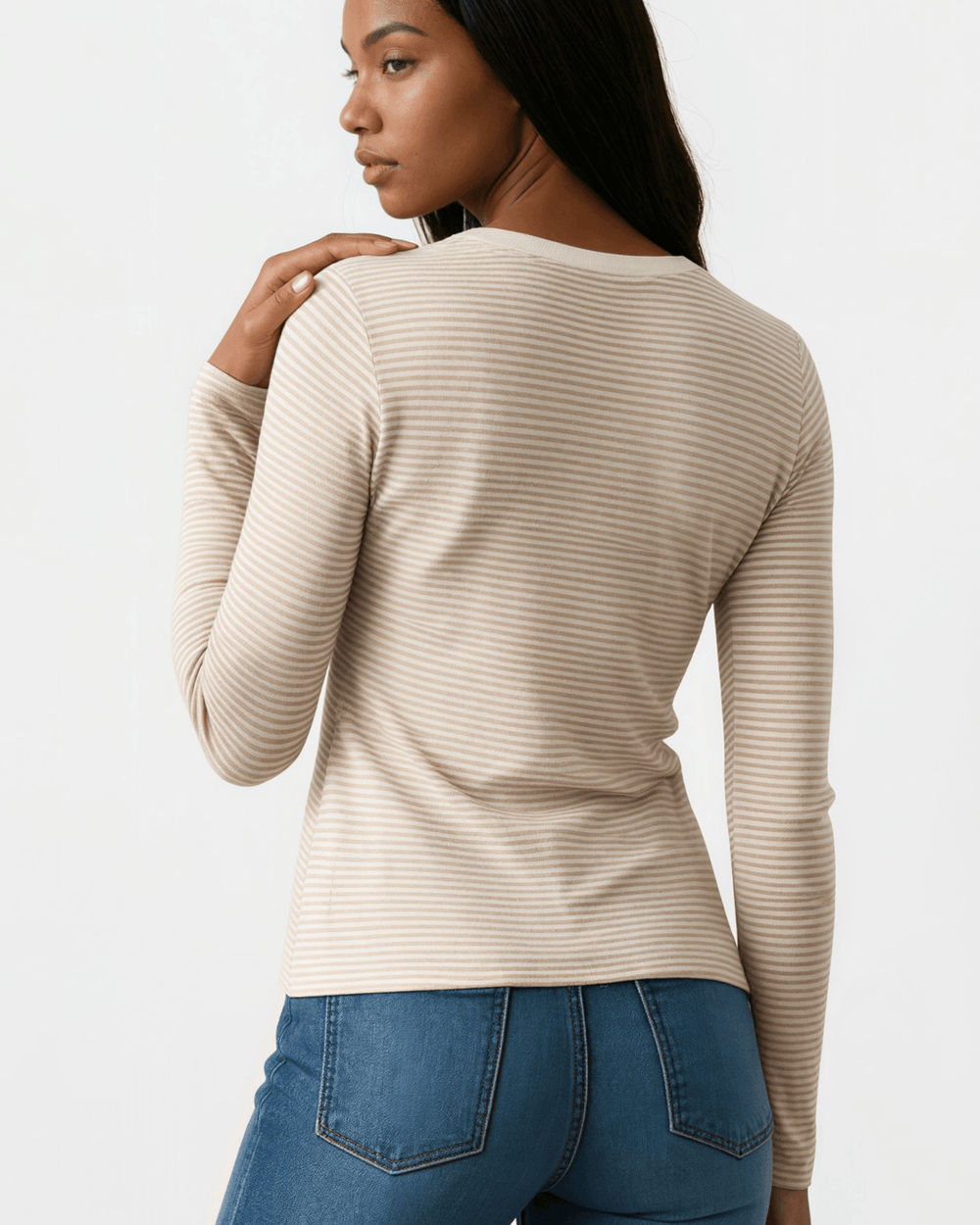 Made in USA. Taupe & white striped fitted rib knit top. Split V-neck with contrast trim, long sleeves. 97% rayon. Sizes S–XL.