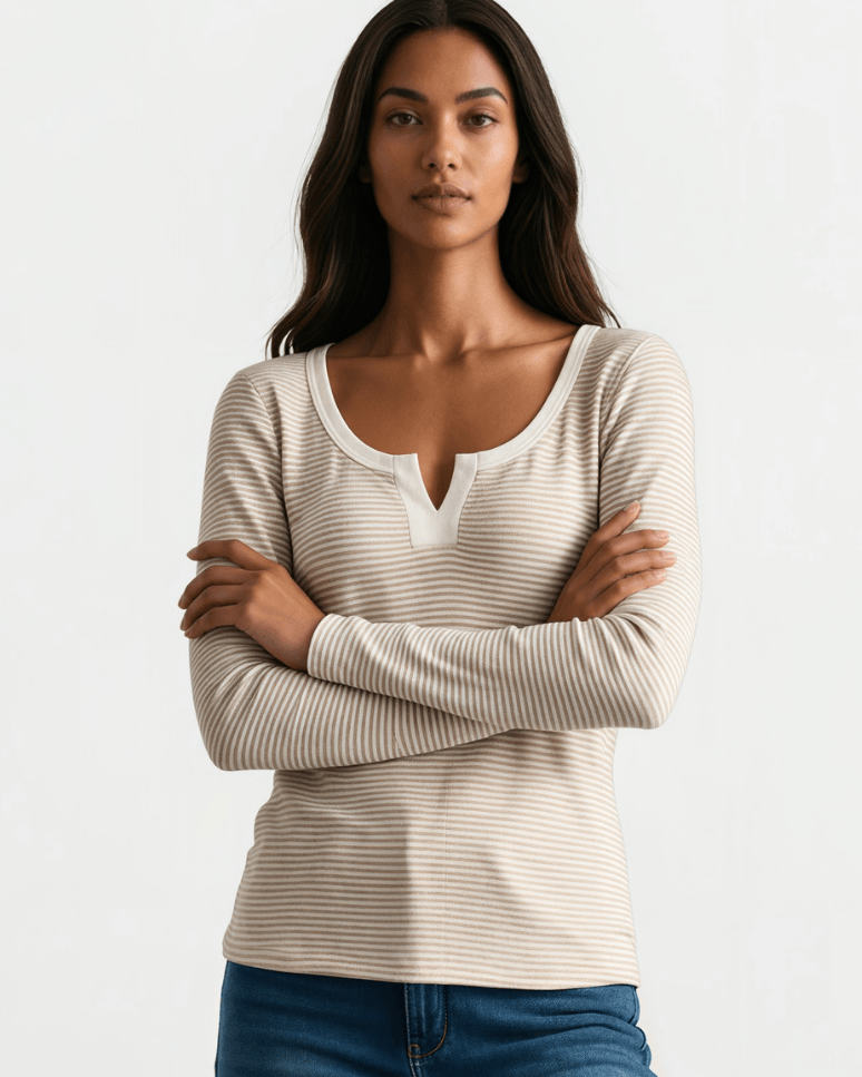 Made in USA. Taupe & white striped fitted rib knit top. Split V-neck with contrast trim, long sleeves. 97% rayon. Sizes S–XL.