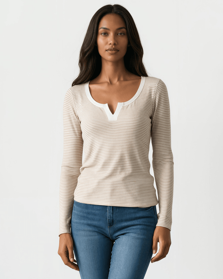 Made in USA. Taupe &amp; white striped fitted rib knit top. Split V-neck with contrast trim, long sleeves. 97% rayon. Sizes S–XL.