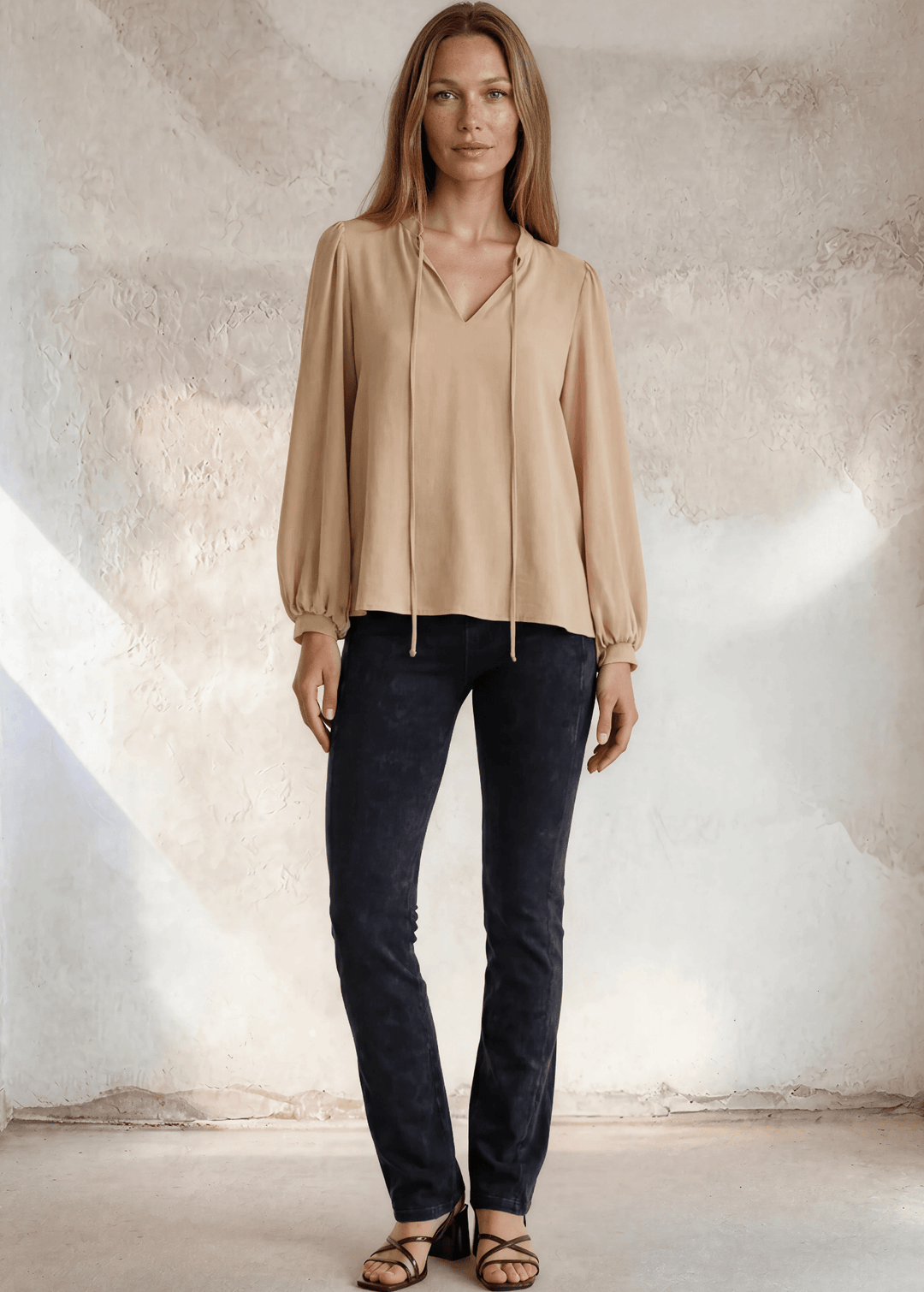 Champagne Matte Crepe Peasant Top | Made in USA, Romantic yet refined, this champagne matte crepe peasant top features bubble sleeves, a V-neckline, and front tie. Made in USA. Shop S–L.