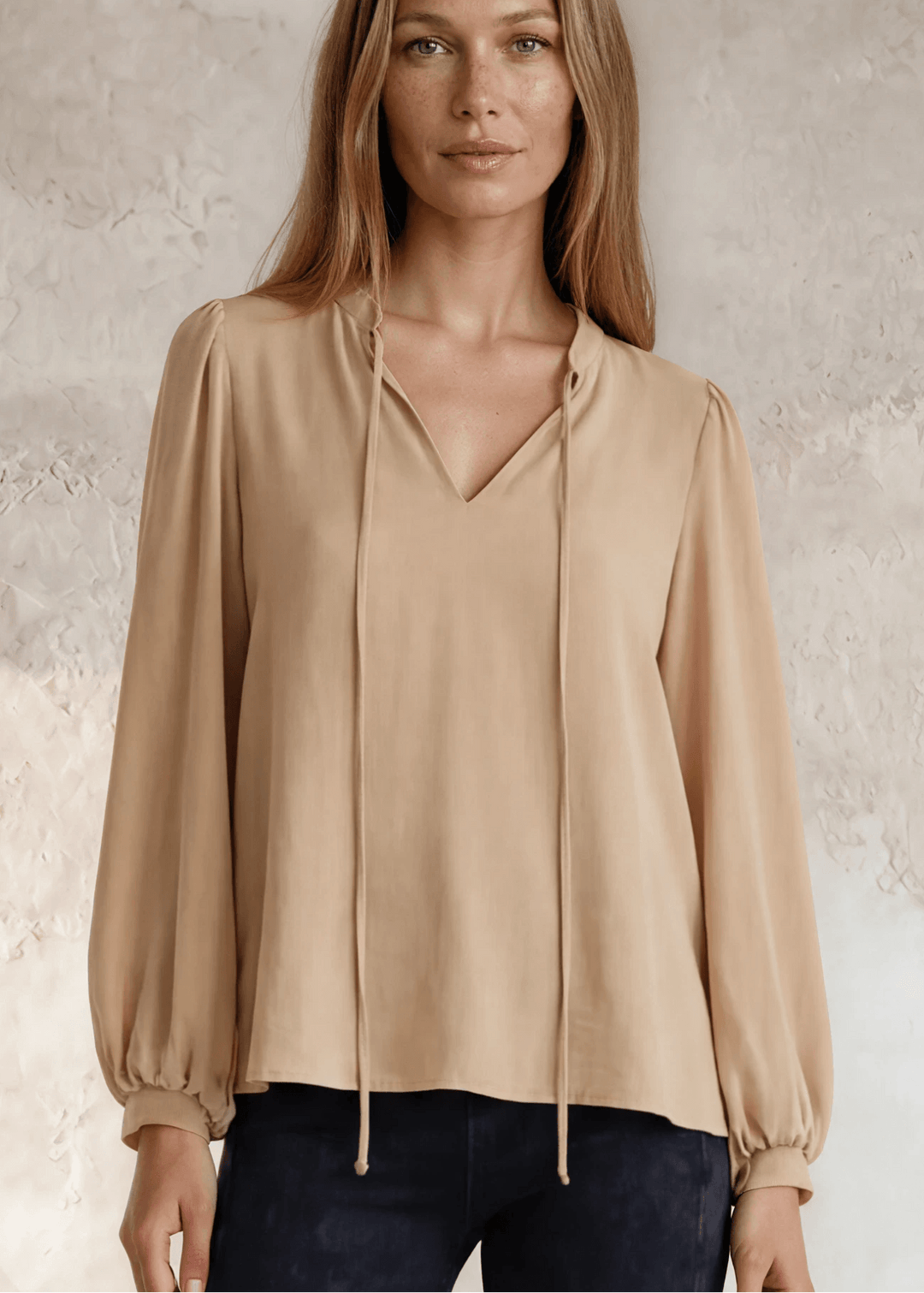 Champagne Matte Crepe Peasant Top | Made in USA, Romantic yet refined, this champagne matte crepe peasant top features bubble sleeves, a V-neckline, and front tie. Made in USA. Shop S–L.