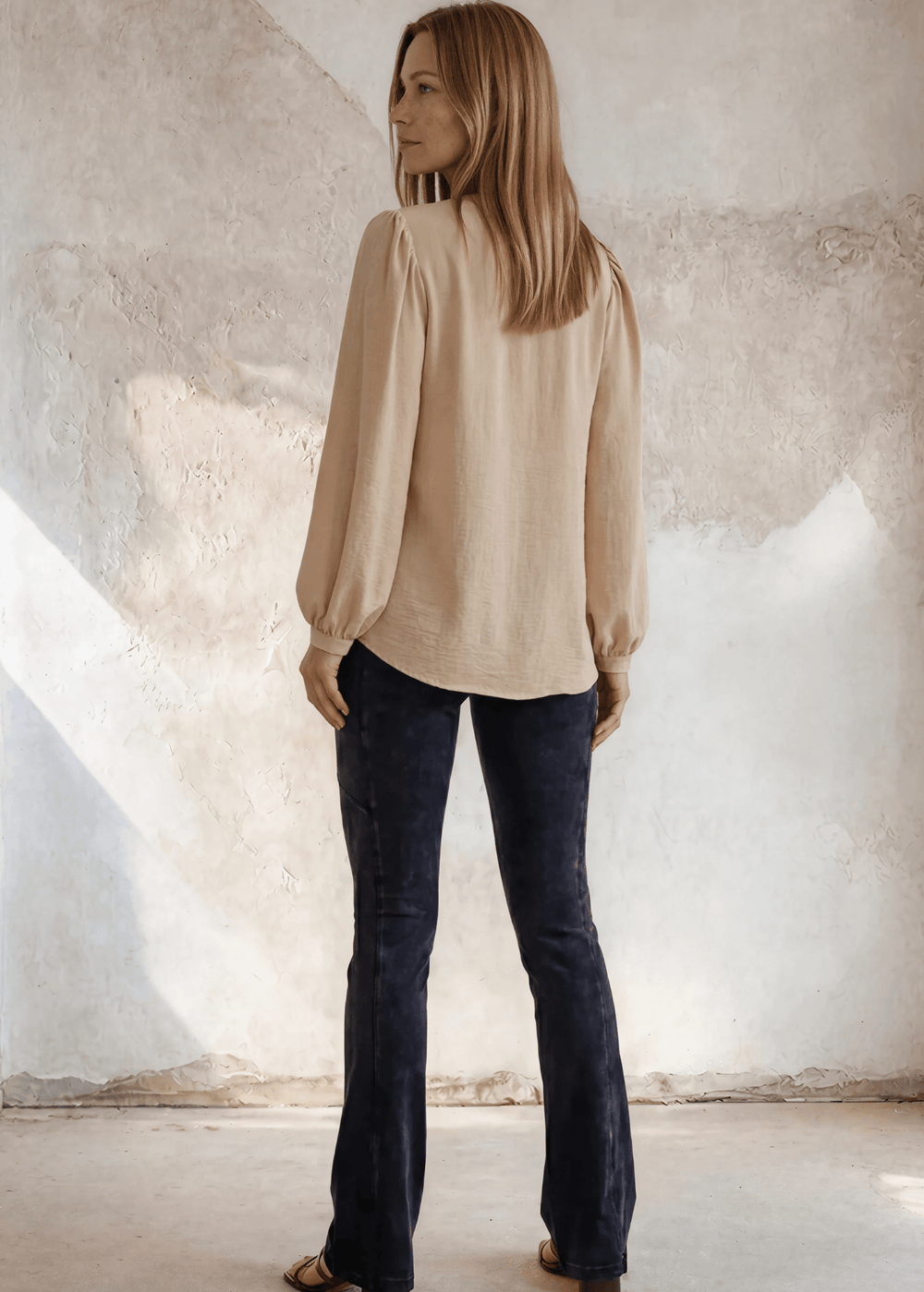 Champagne Matte Crepe Peasant Top | Made in USA, Romantic yet refined, this champagne matte crepe peasant top features bubble sleeves, a V-neckline, and front tie. Made in USA. Shop S–L.