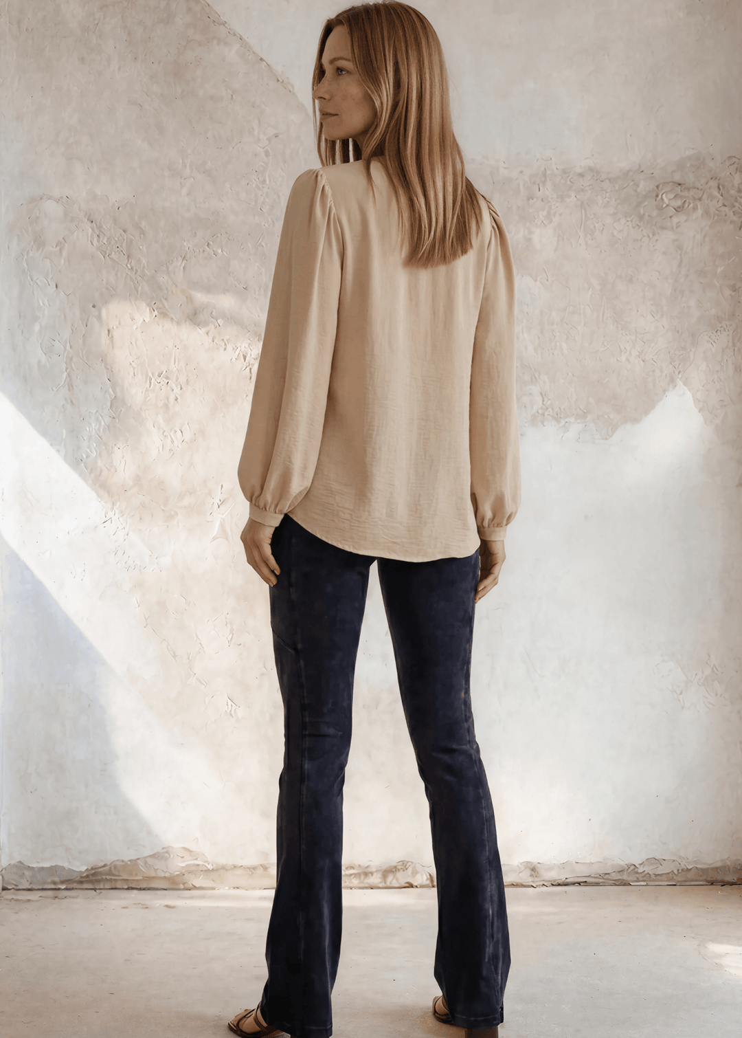 Champagne Matte Crepe Peasant Top | Made in USA, Romantic yet refined, this champagne matte crepe peasant top features bubble sleeves, a V-neckline, and front tie. Made in USA. Shop S–L.