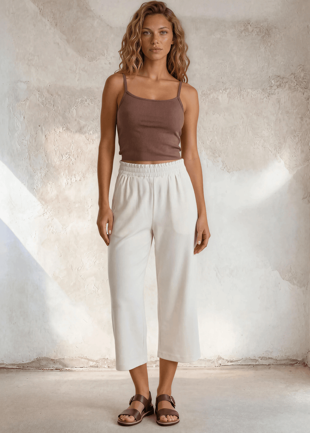 Shop the Cary Wide Leg Cropped Pant — soft modal-blend knit, elastic waist, side pockets, and a flattering relaxed fit. Made in USA.