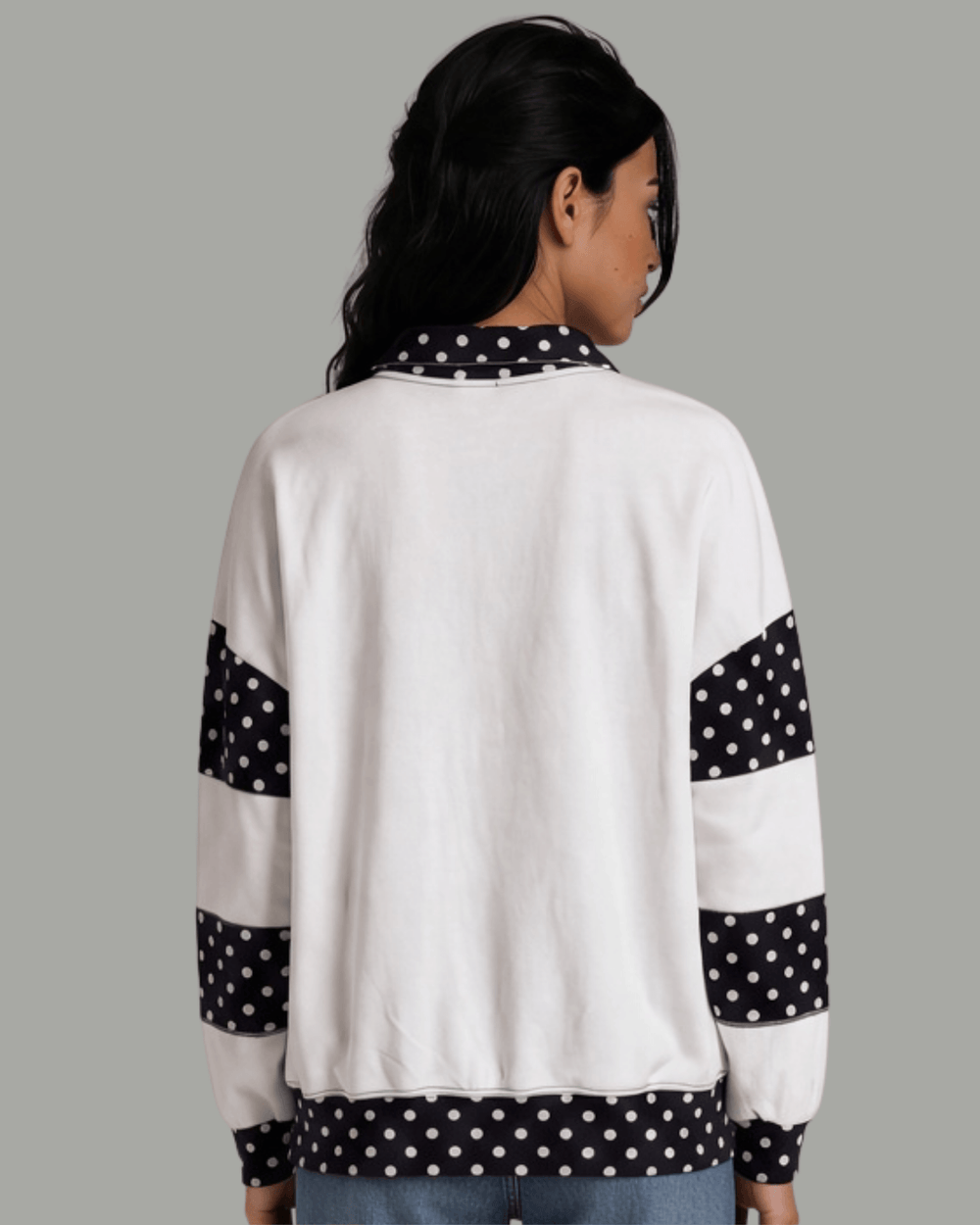 Made in USA White French terry pullover with black polka dot contrast collar, sleeves & hem. Open V-neck, relaxed fit. 95% cotton. Made in USA. Sizes S–L