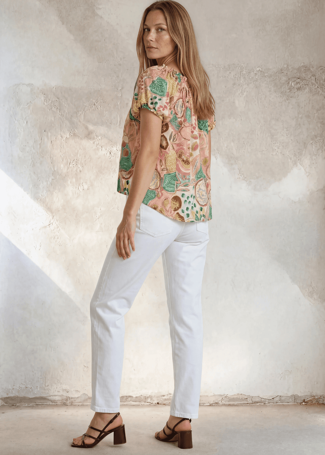 Shop the Avery Floral Off-Shoulder Puff Sleeve Top — lightweight cotton-rayon blend, pastel floral print, relaxed fit. Made in USA.