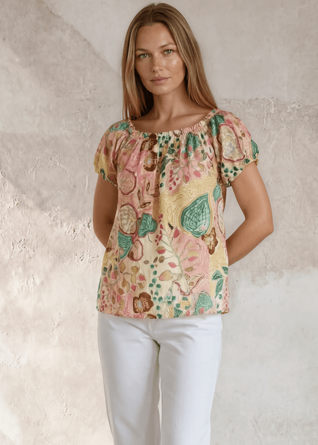 Shop the Avery Floral Off-Shoulder Puff Sleeve Top — lightweight cotton-rayon blend, pastel floral print, relaxed fit. Made in USA.
