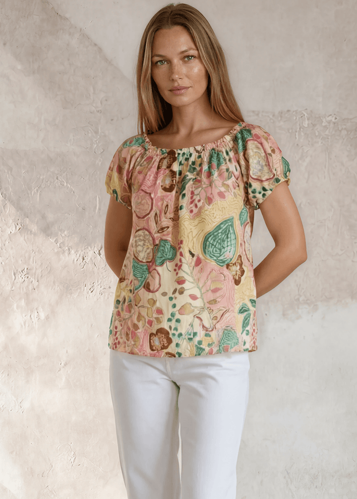 Shop the Avery Floral Off-Shoulder Puff Sleeve Top — lightweight cotton-rayon blend, pastel floral print, relaxed fit. Made in USA.