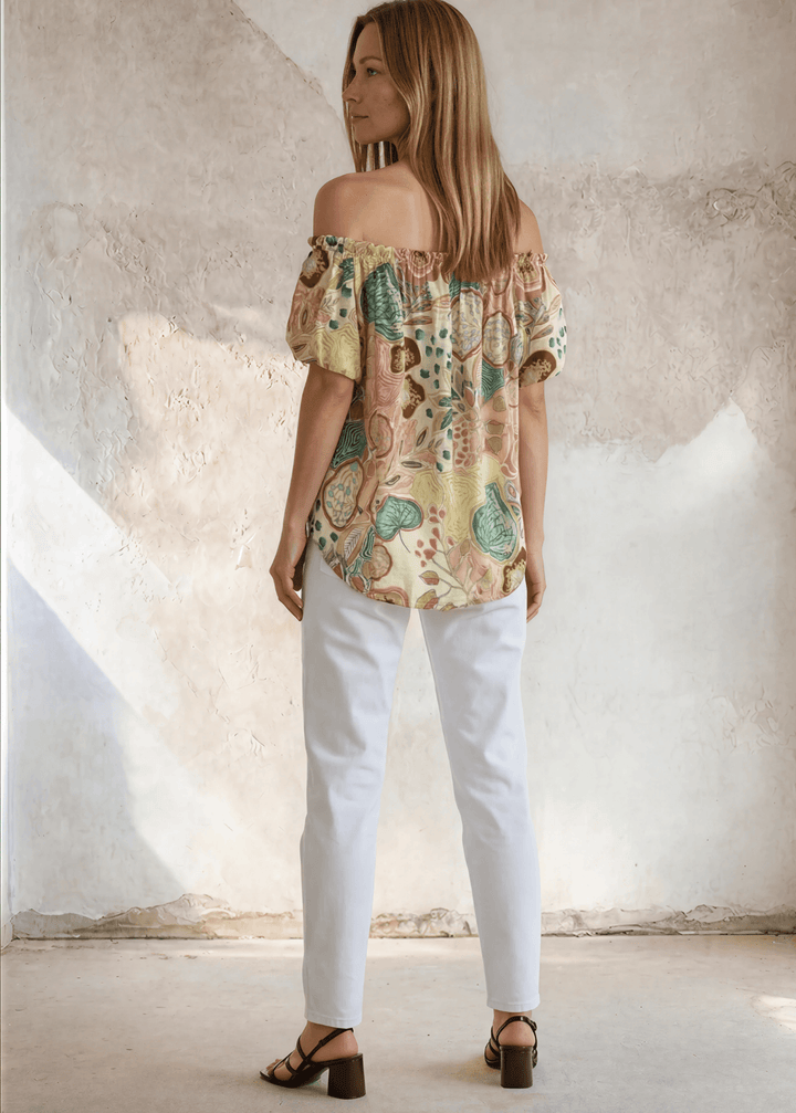 Shop the Avery Floral Off-Shoulder Puff Sleeve Top — lightweight cotton-rayon blend, pastel floral print, relaxed fit. Made in USA.