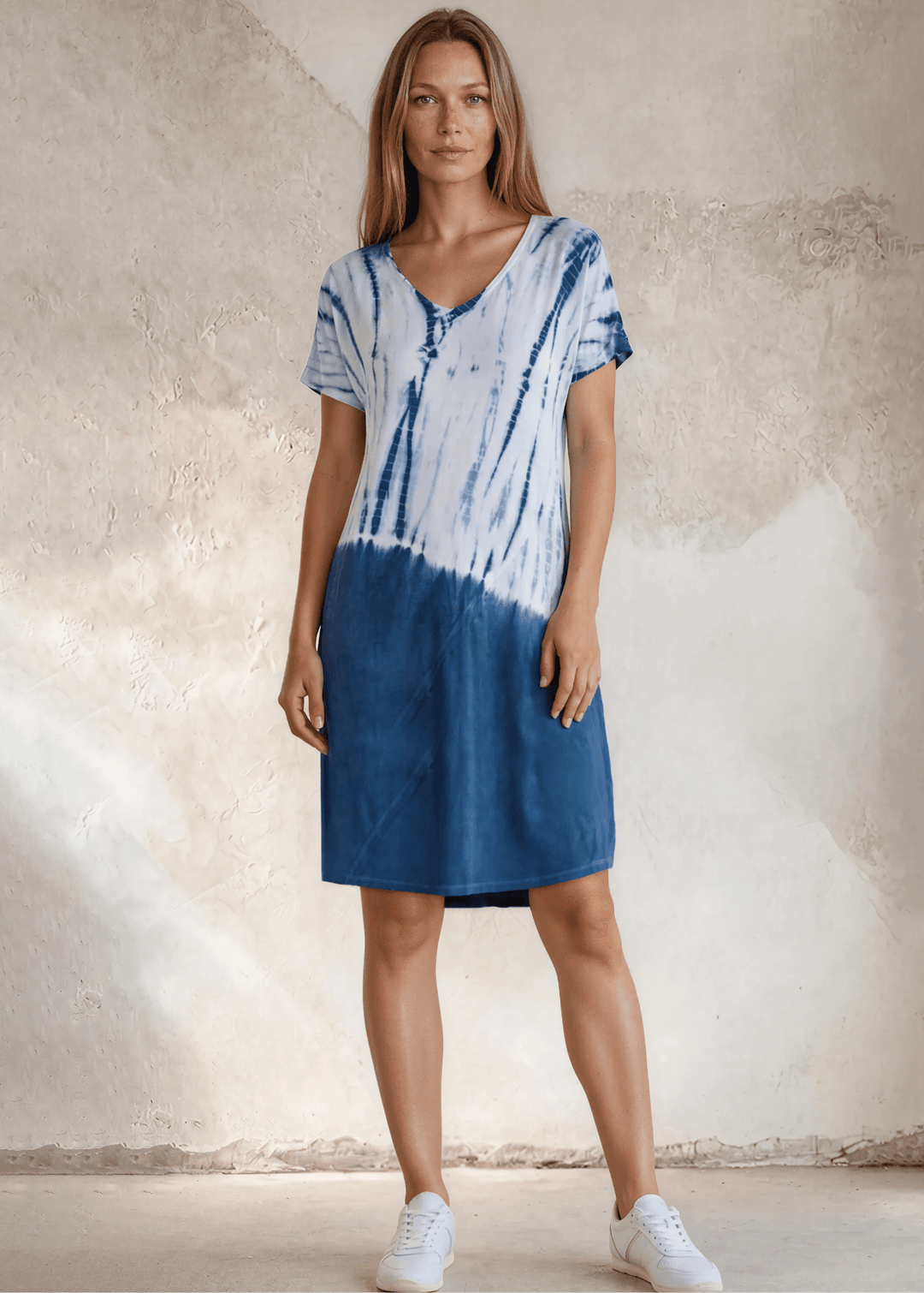 USA Made Ladies Casual Knee Length Tie Dye Dress in Blue Tones |  Style