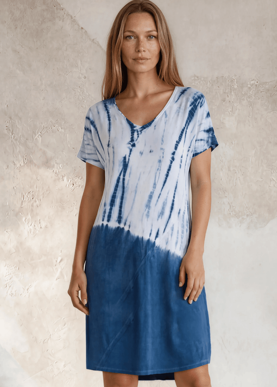 USA Made Ladies Casual Knee Length Tie Dye Dress in Blue Tones |  Style