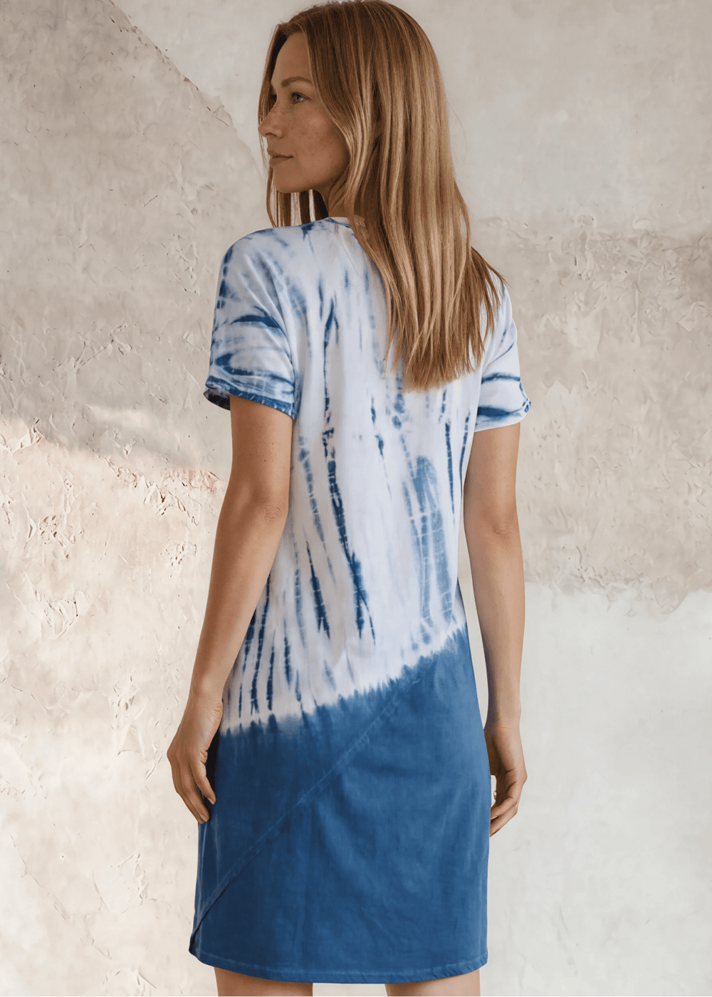 USA Made Ladies Casual Knee Length Tie Dye Dress in Blue Tones |  Style# C60570 | Classy Cozy Cool Women's Made in America Boutique
