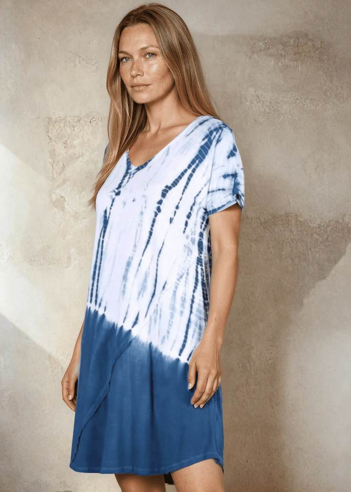 USA Made Ladies Casual Knee Length Tie Dye Dress in Blue Tones |  Style