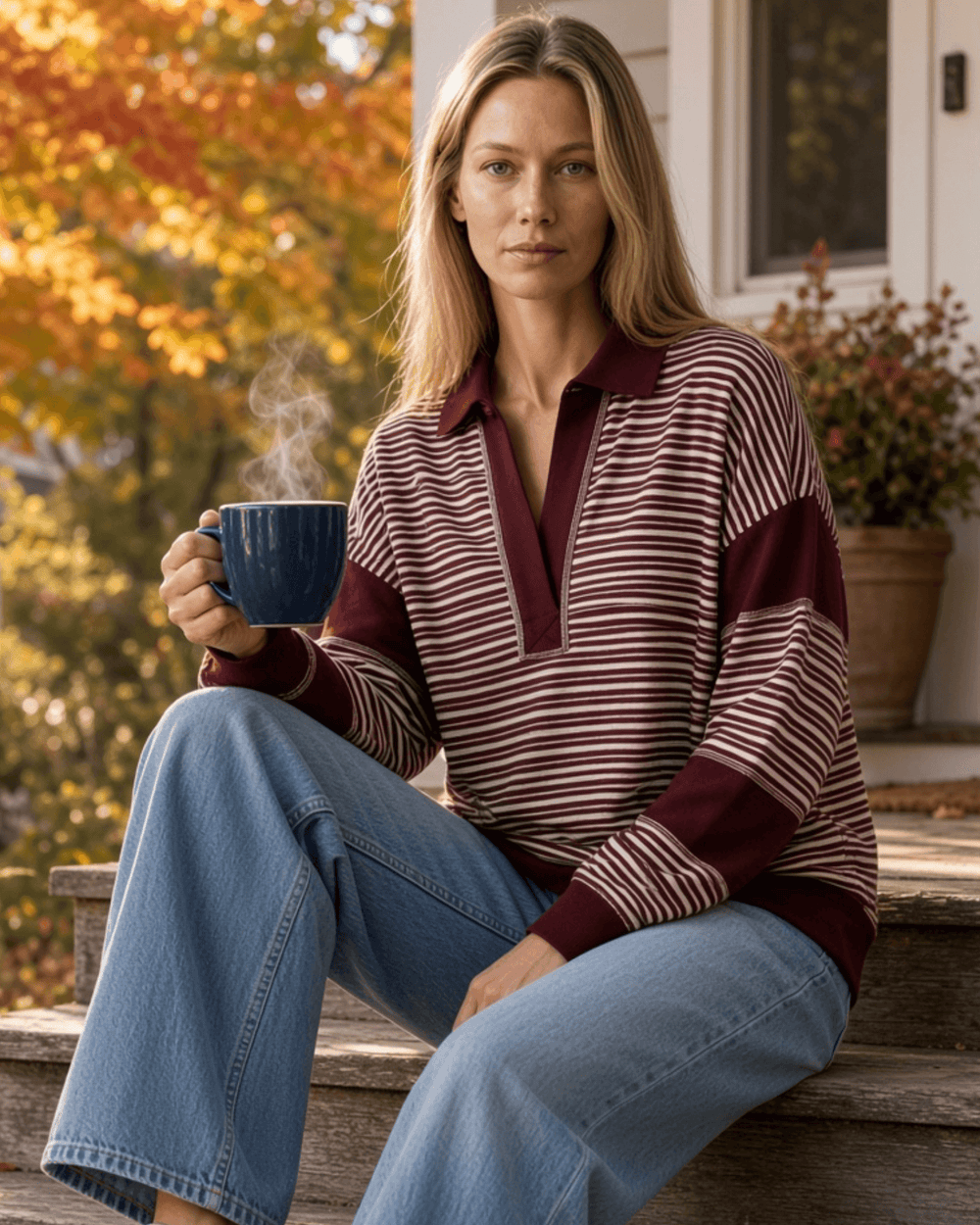 Made in USA. Women's oversized burgundy & ivory stripe polo rugby pullover with color-block panels & raw edge seams. 95% Polyester, 5% Spandex. Sizes S-L.