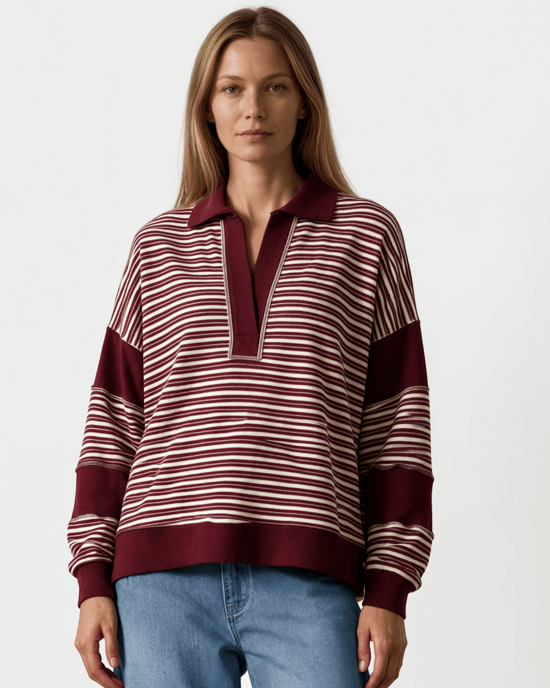 Made in USA. Women's oversized burgundy & ivory stripe polo rugby pullover with color-block panels & raw edge seams. 95% Polyester, 5% Spandex. Sizes S-L.