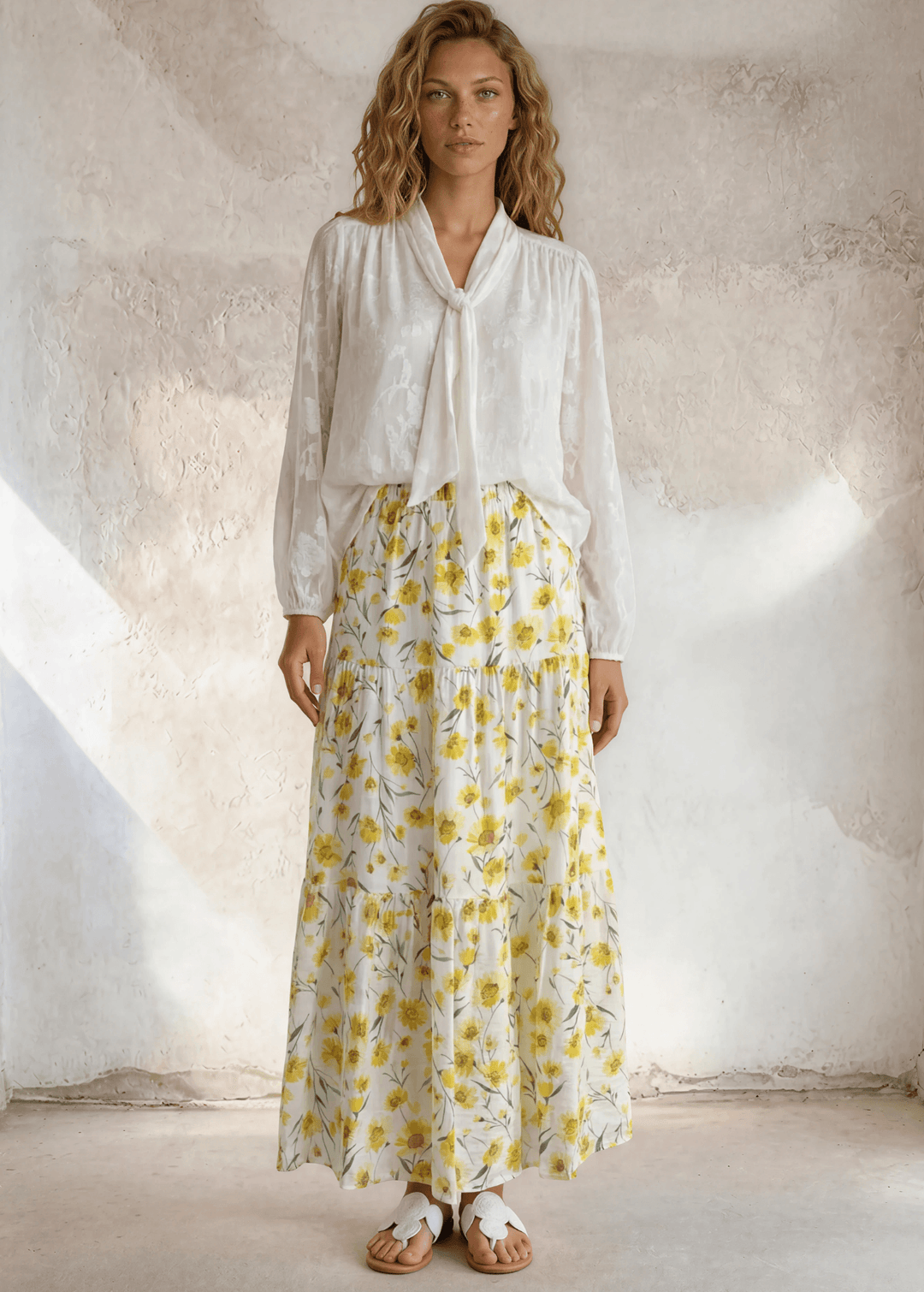 Sunshine meets style — the Sara Sunflower Bloom Maxi Skirt features a yellow floral print, three flowy tiers, and an elastic waist. Made in USA.