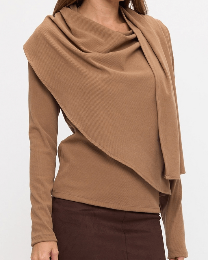 Made in USA. Donna camel draped shawl top in a soft, thick rayon-spandex knit with long sleeves and a flattering semi-fitted silhouette. Renee C. Style 5345TP