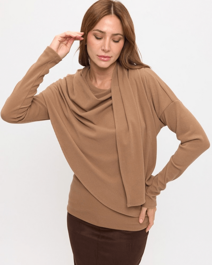 Made in USA. Donna camel draped shawl top in a soft, thick rayon-spandex knit with long sleeves and a flattering semi-fitted silhouette. Renee C. Style 5345TP