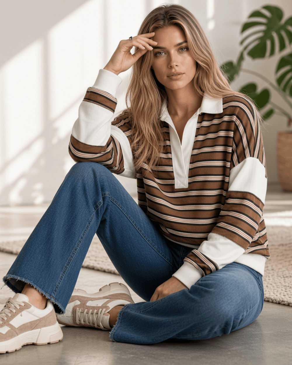 Made in USA. Women's oversized rugby stripe polo pullover in latte, black & blush. Contrast white collar, raw edge seams. 97% Polyester, 3% Spandex.