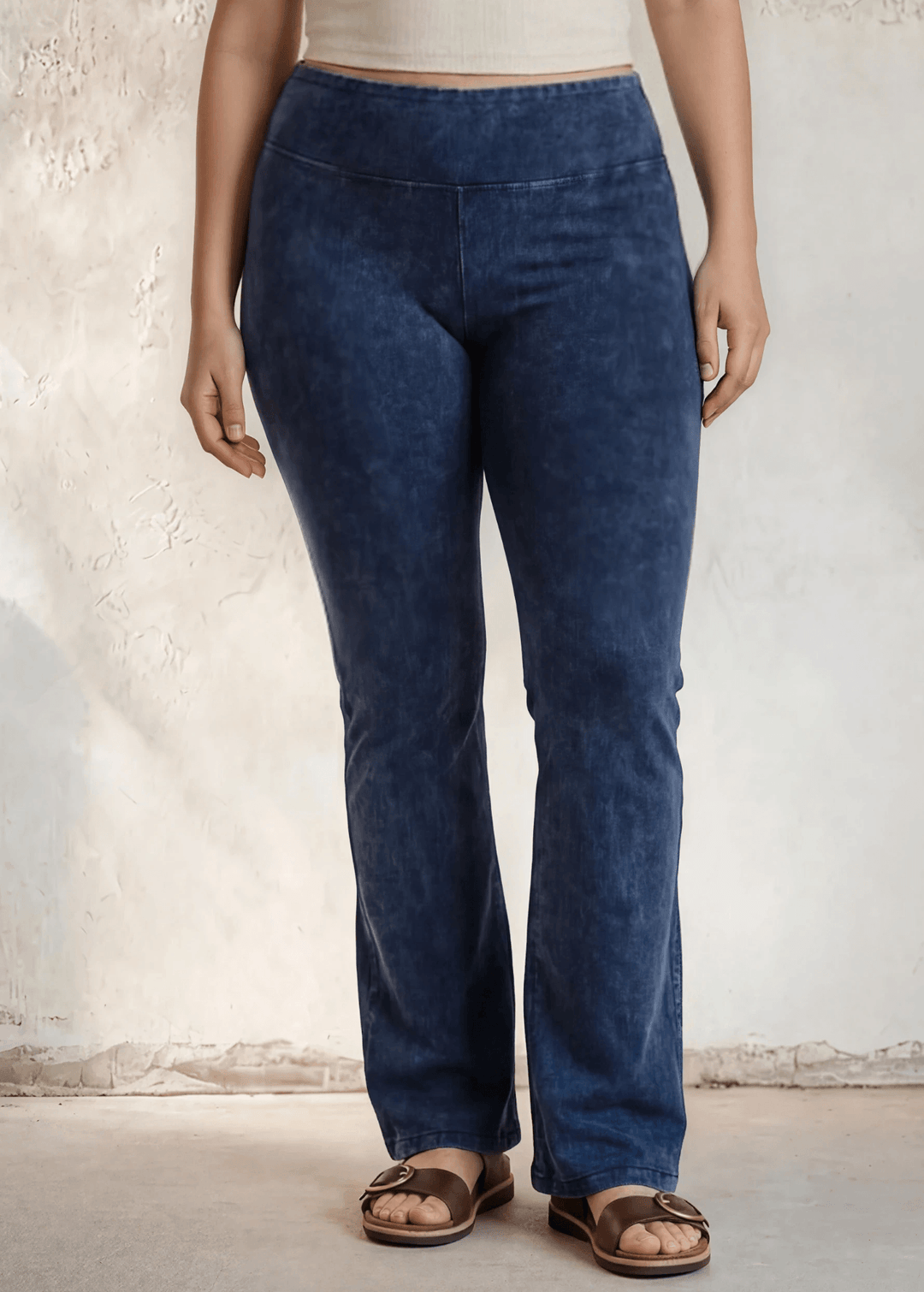 USA Made | Dark Denim Ladies Plus Size Bootcut Cotton Stretch Jeggings Fold Over Waist | Style C30136 | Made in USA